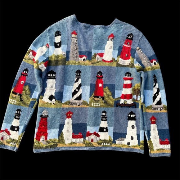 Rare Vintage Lighthouse Storybook Cardigan Blue Art Knit Wood Buttons M - Picture 2 of 9